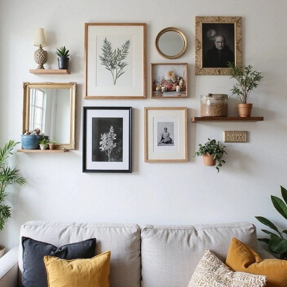 Gallery wall with framed art and mirrors above a grey sofa with yellow pillows