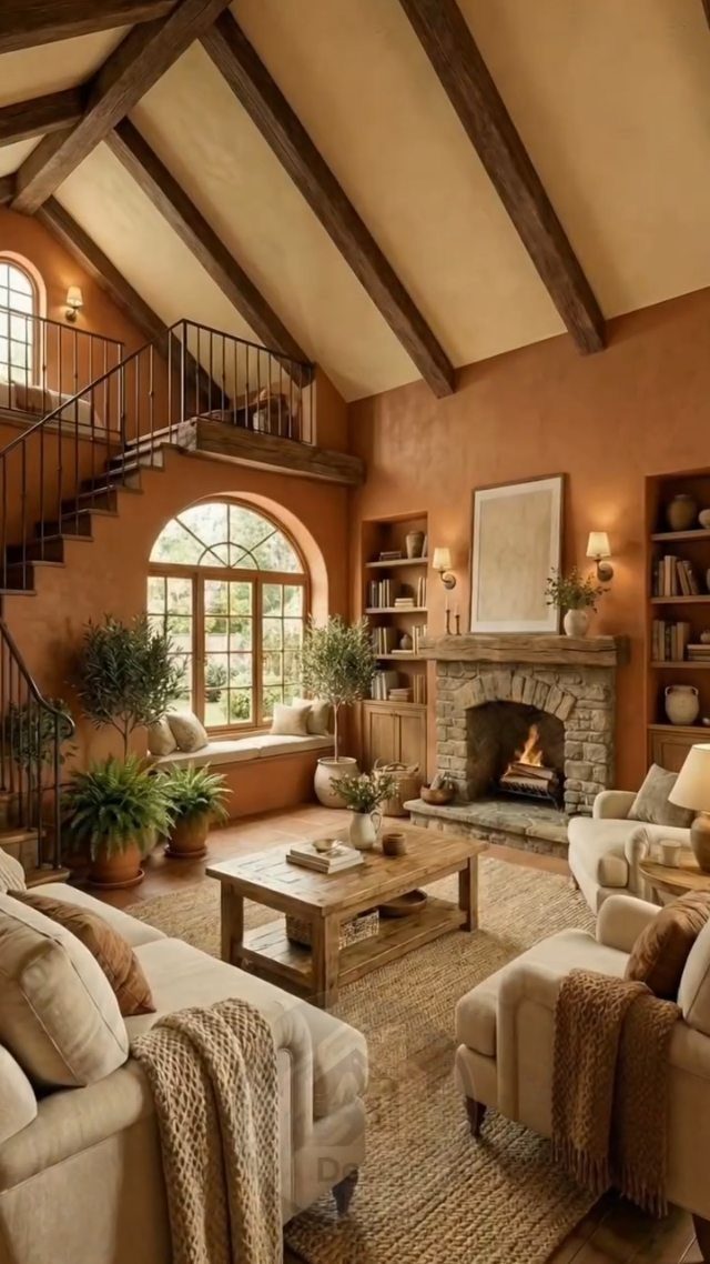 Rustic living room with terracotta walls, exposed wood beams, and a stone fireplace.