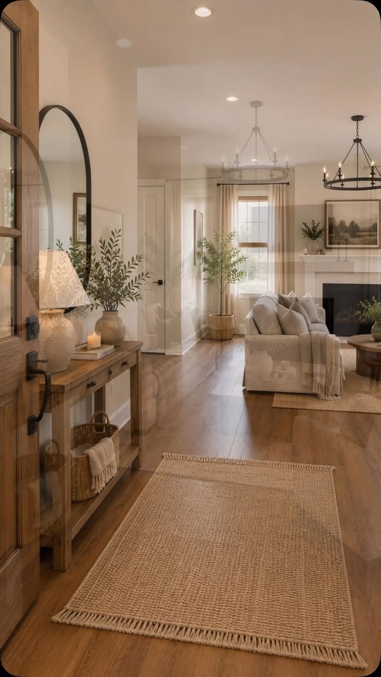 Neutral toned living room with beige walls, light wood floors, and woven rugs.