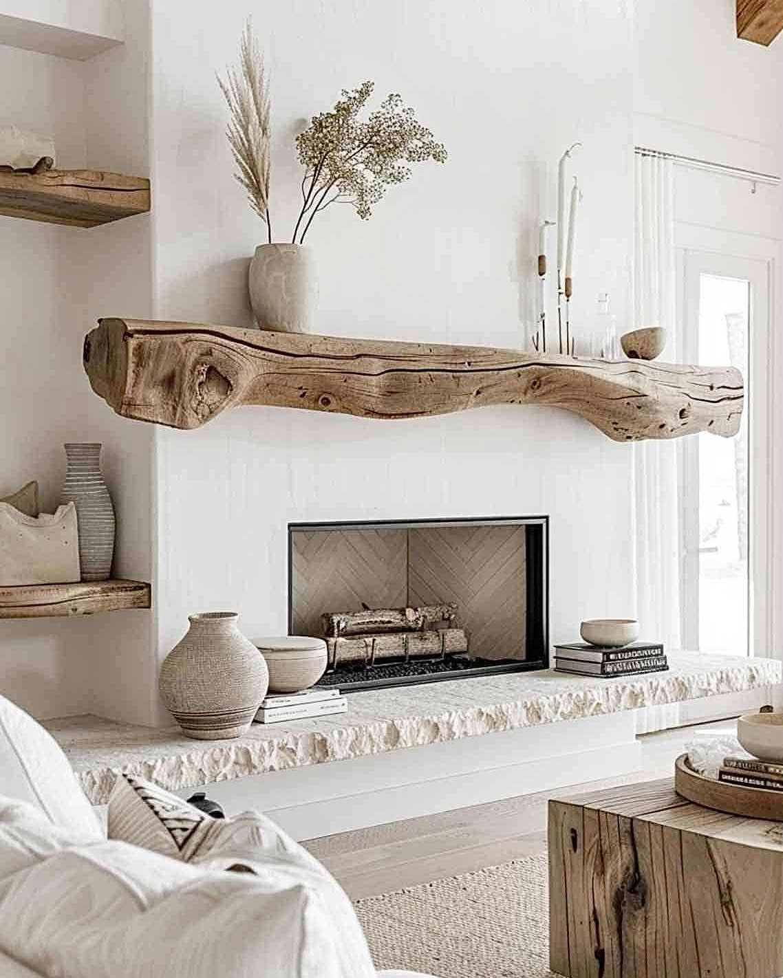 Rustic wooden mantel over a white fireplace with dried grasses in a vase.