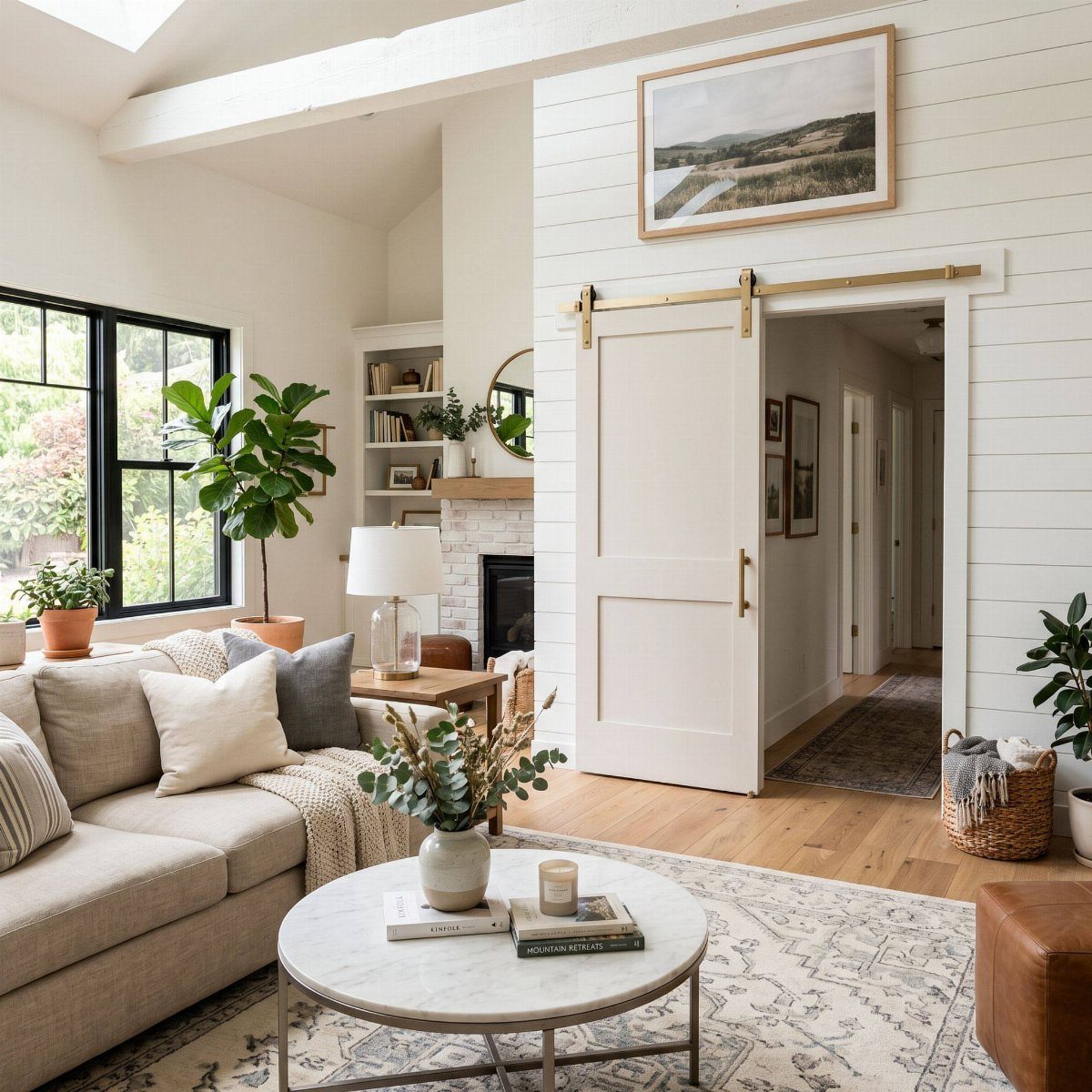 White sliding barn door on a gold track in a bright farmhouse living room.