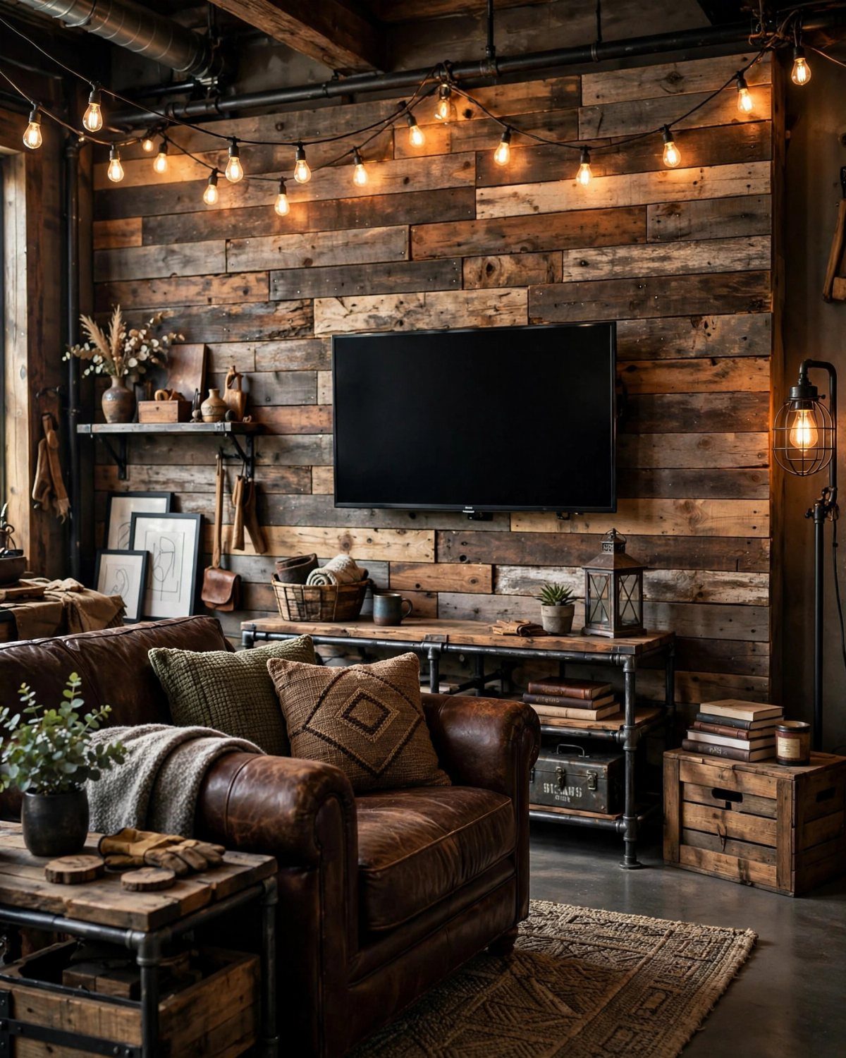 Weathered wood plank wall in a rustic living room with leather sofa and string lights.