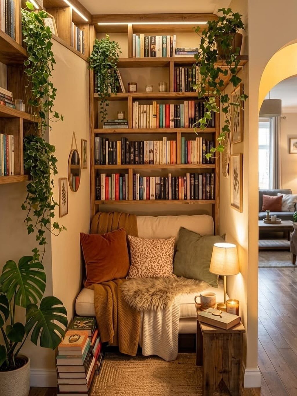 Cozy reading nook with a white sofa, wooden bookshelves, and lush green plants.