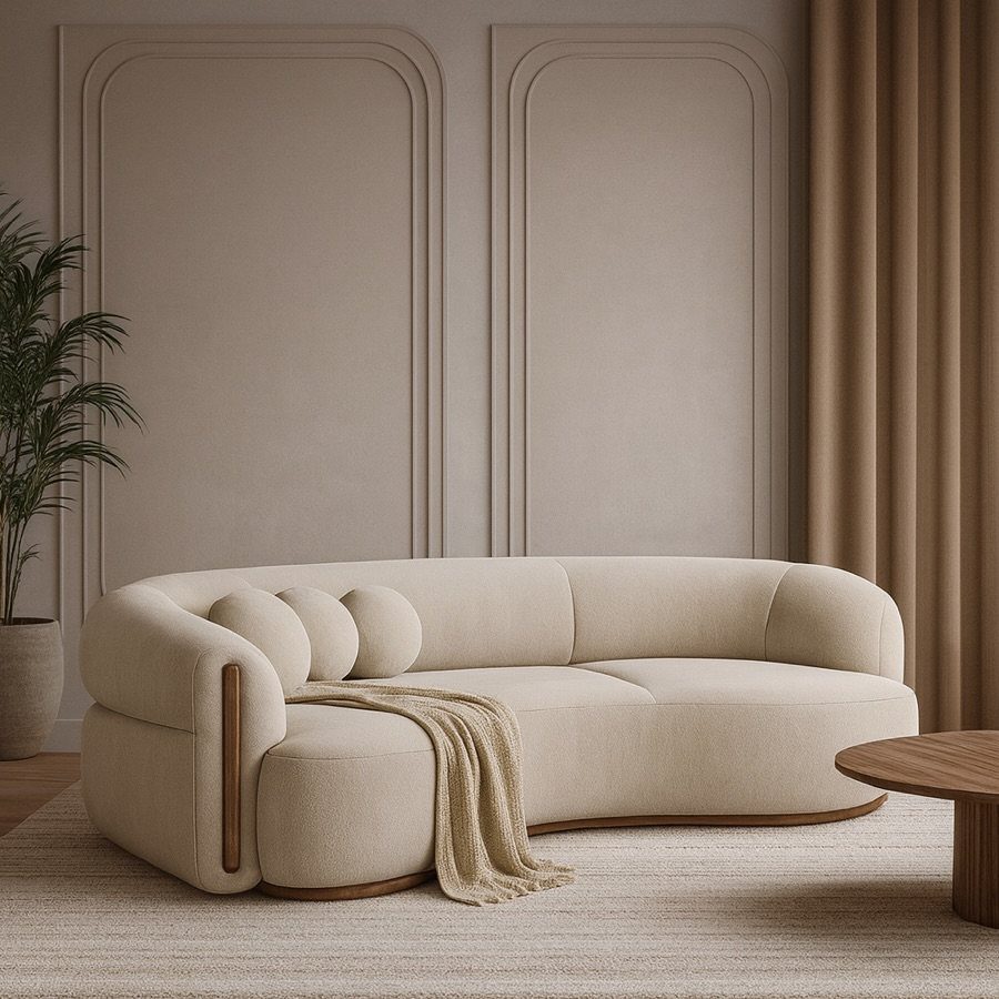 Curved cream tailored sofa in a formal living room with paneled walls.