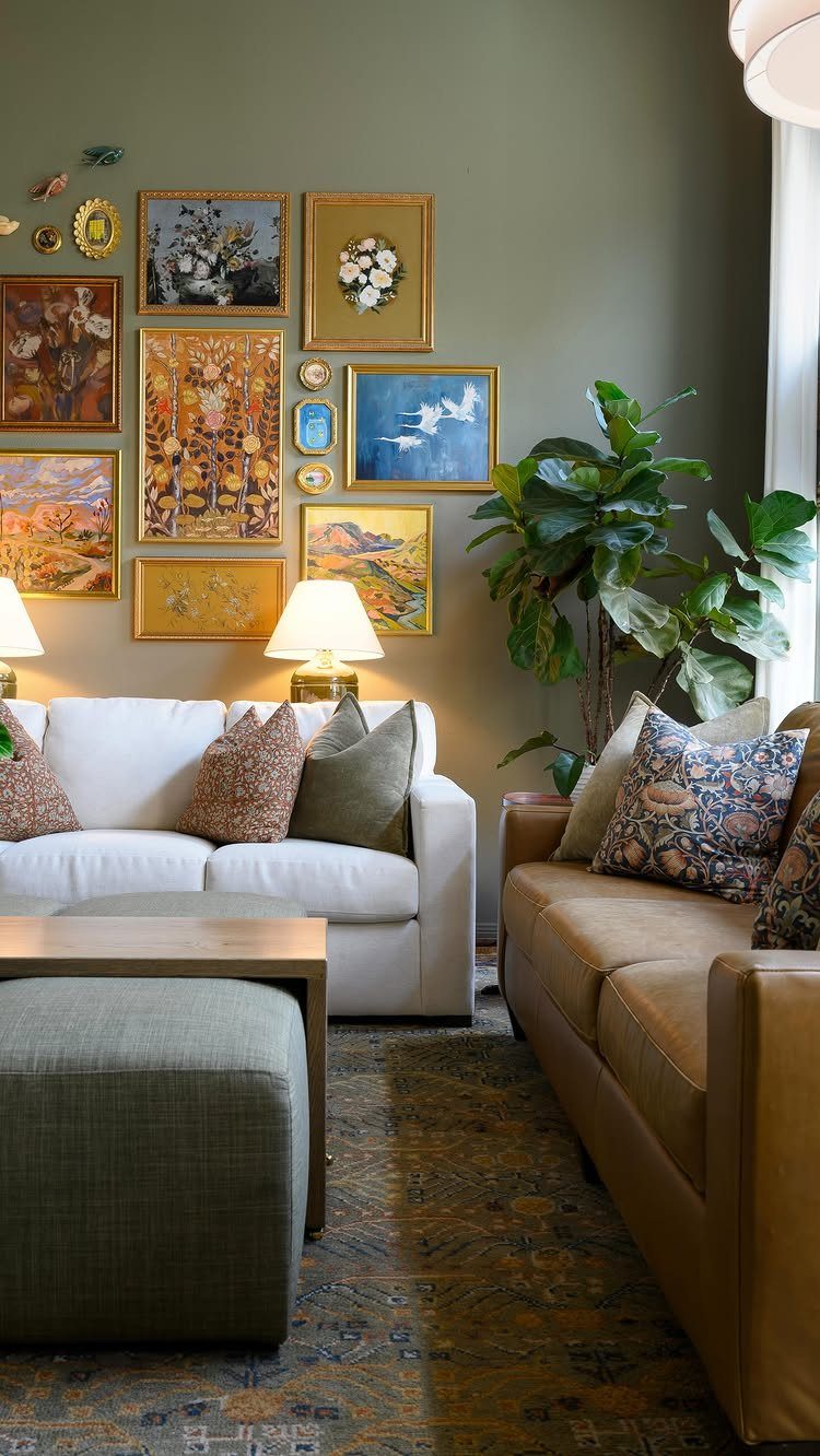 Living room featuring a mix of modern white and classic leather sofas with gallery wall.