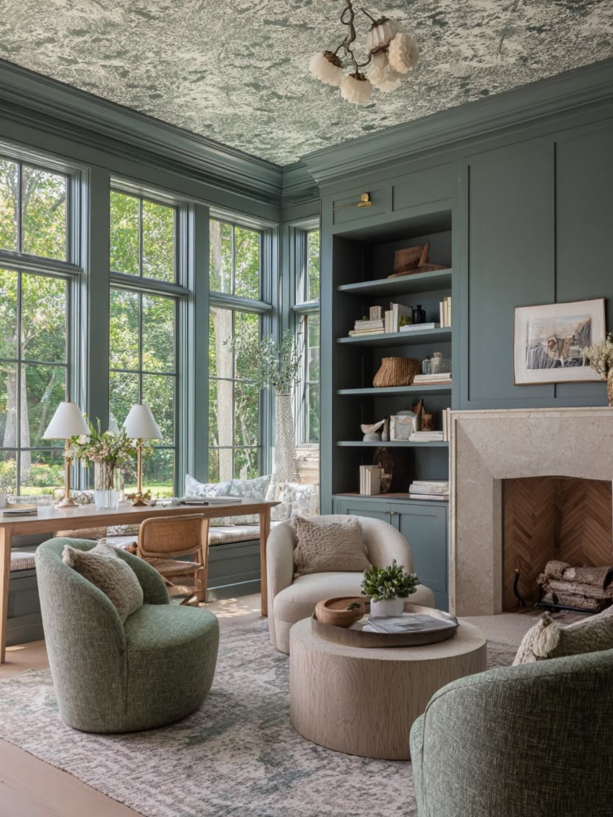 Green swivel chairs and a cream armchair arranged around a round wooden coffee table.