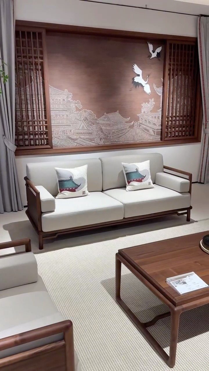 Solid wood coffee table in a formal living room with a tailored sofa.