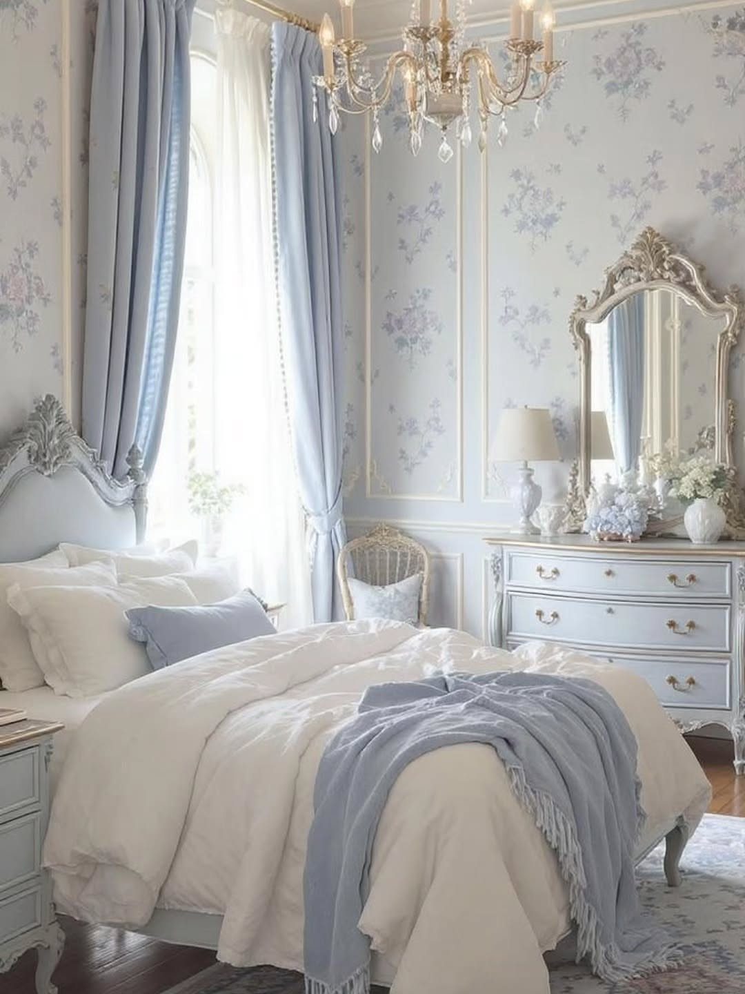 Elegant French country bedroom with light blue furniture, floral wallpaper, and crystal chandelier.