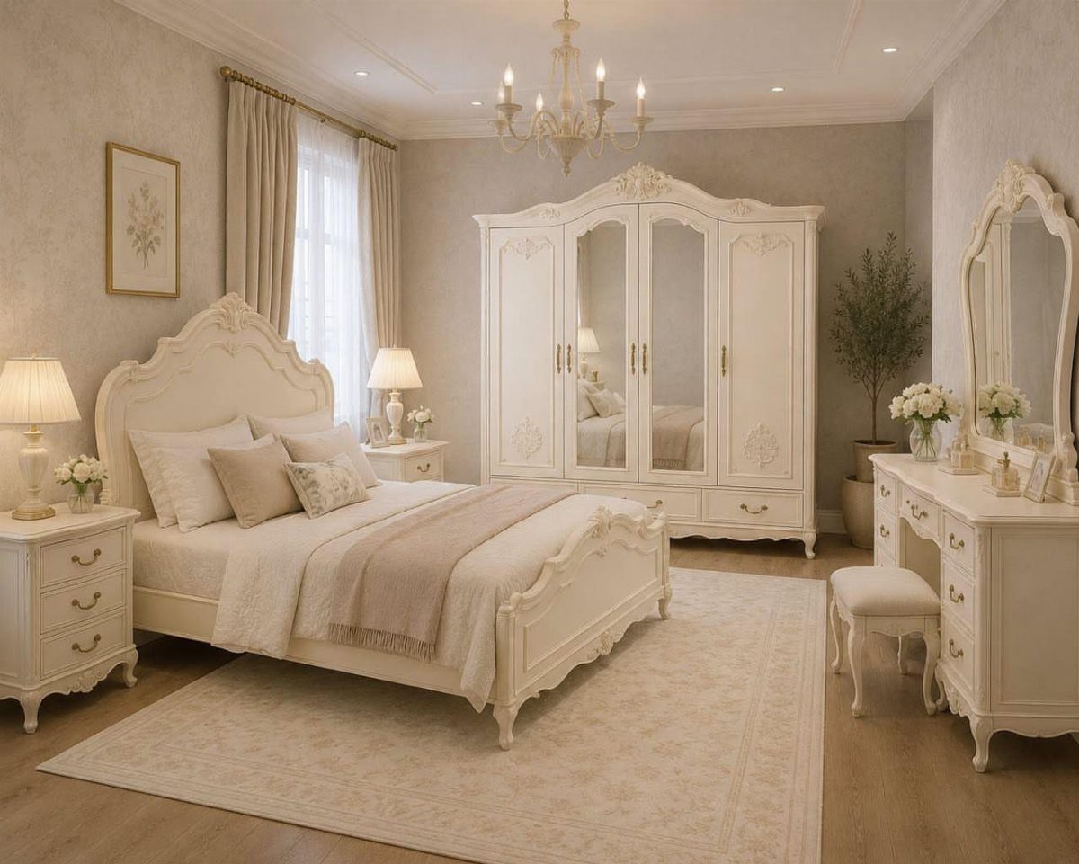 Cream French country bedroom set with carved bed, armoire, and vanity in neutral room.