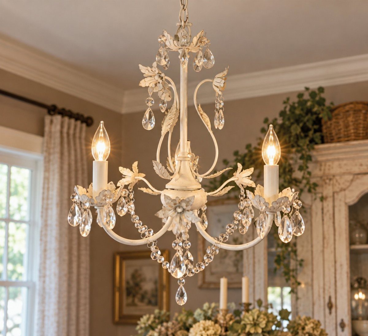 White ornate chandelier with crystal droplets hanging in a French country style room.