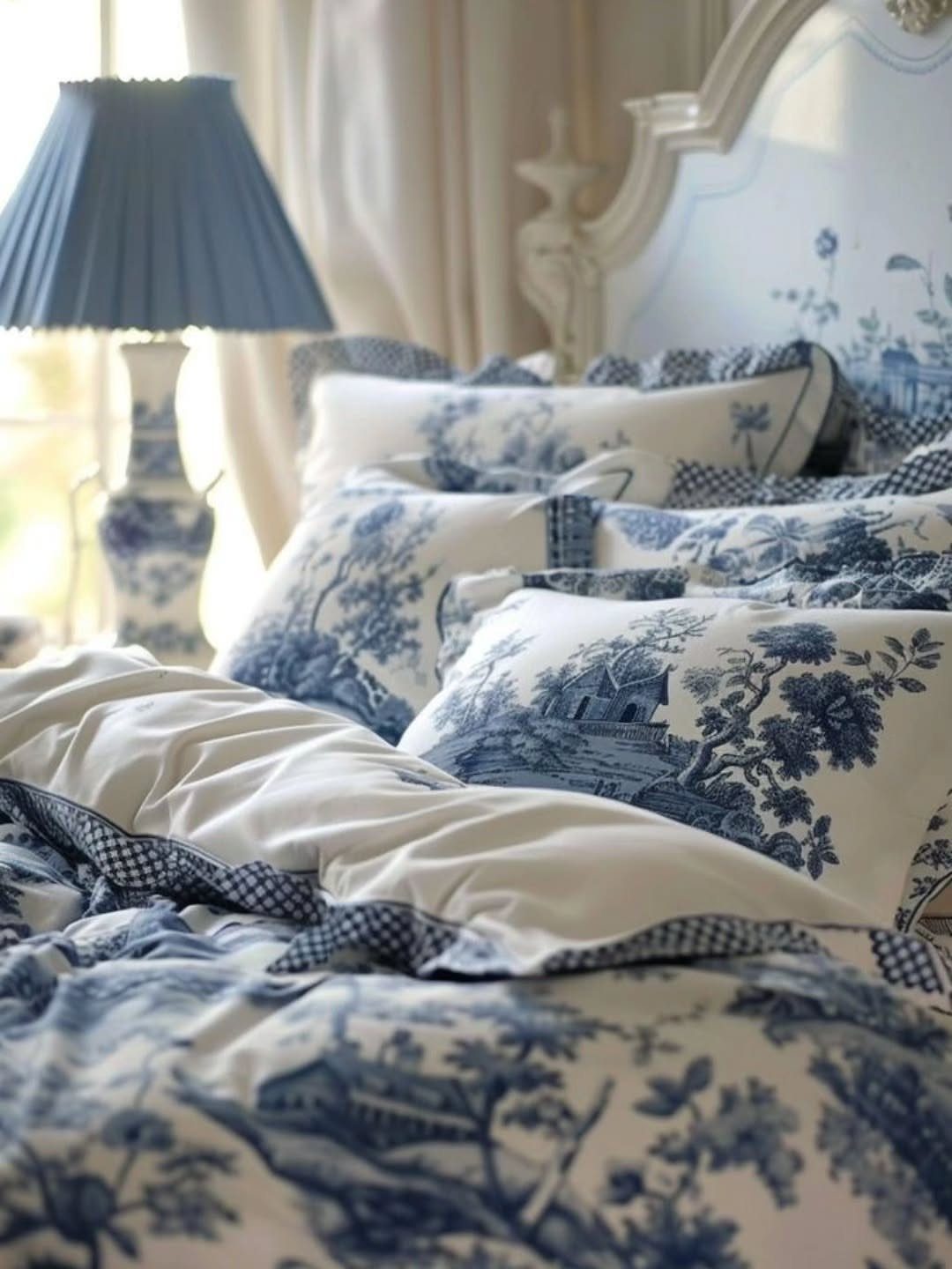 Blue and white toile de Jouy bedding on a bed with ornate headboard.