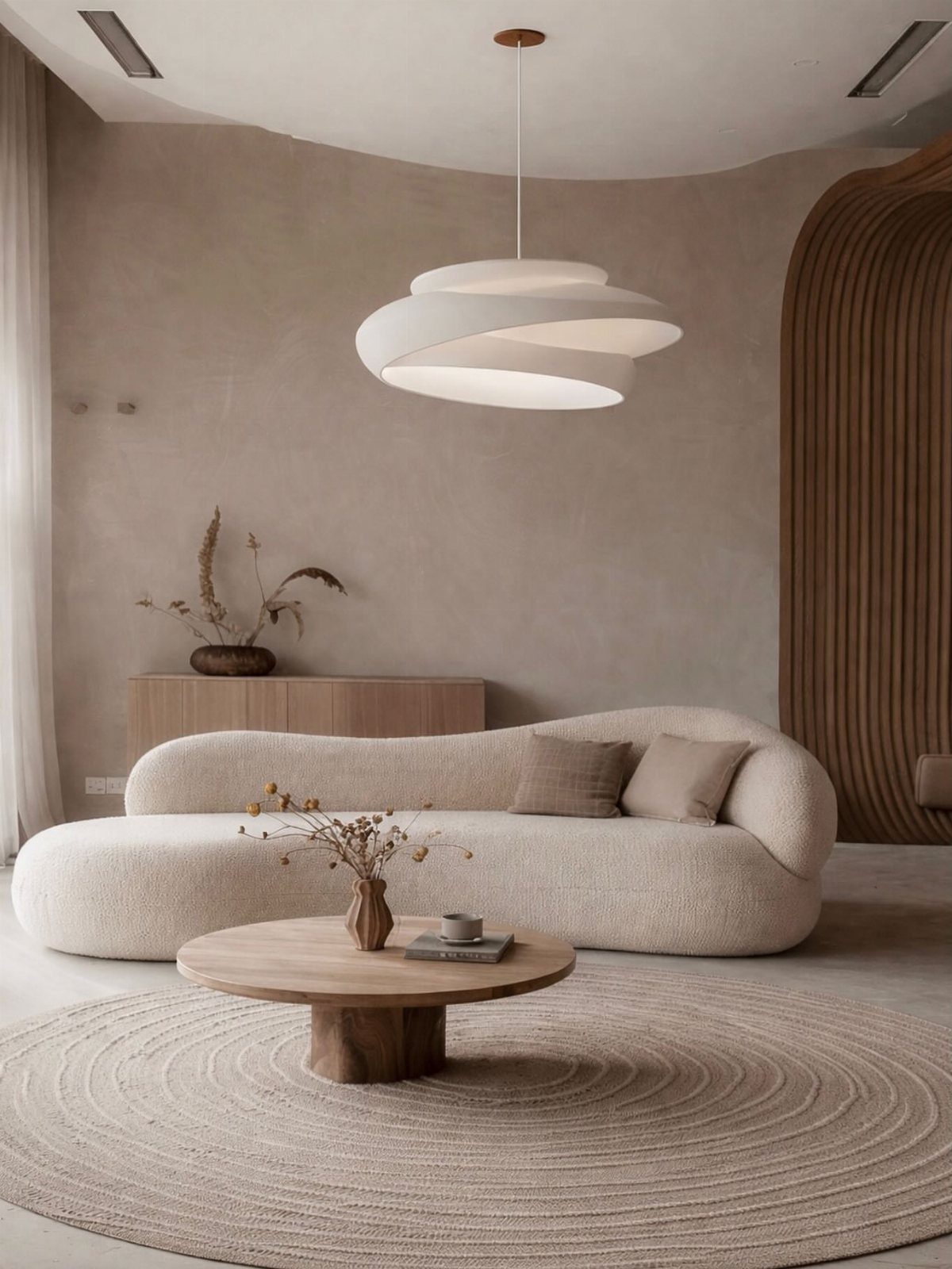 Curved cream bouclé sofa with a round wooden coffee table and circular rug.