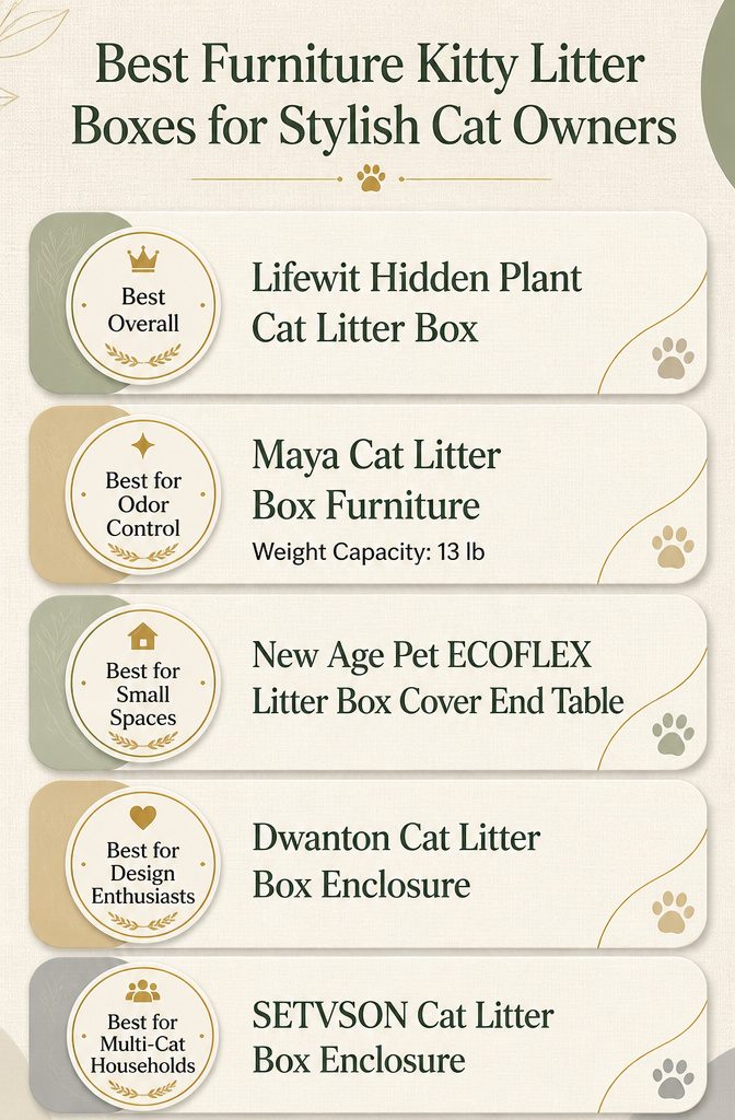 An infographic comparing different furniture kitty litter boxes for stylish cat owners.