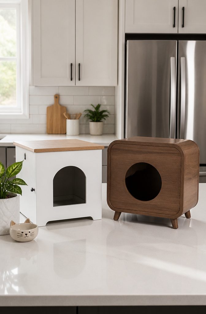 A close-up of a furniture kitty litter box with a sealed entryway.