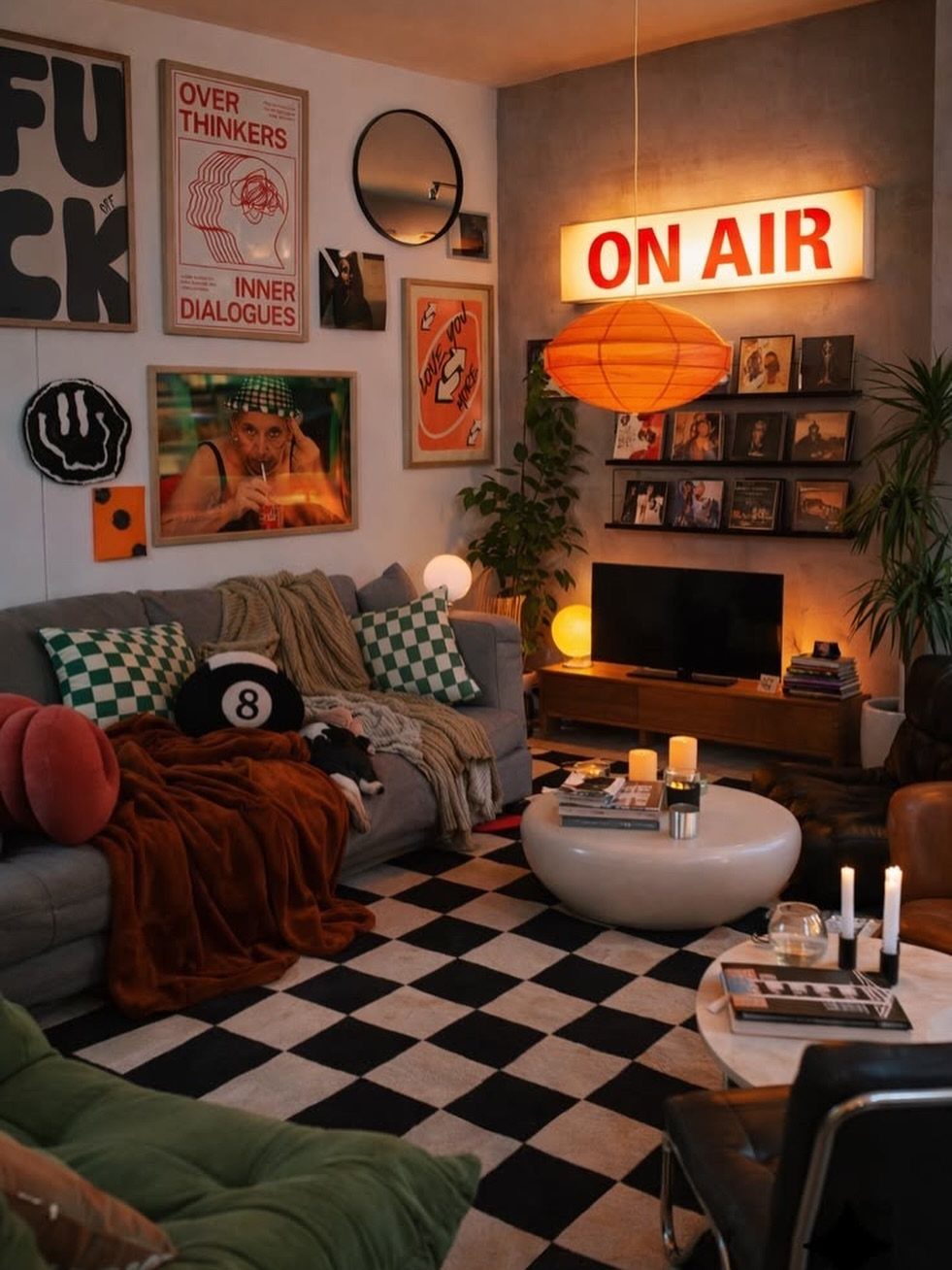 Gray living room featuring a checkered rug, orange lighting, and bold colorful wall art.