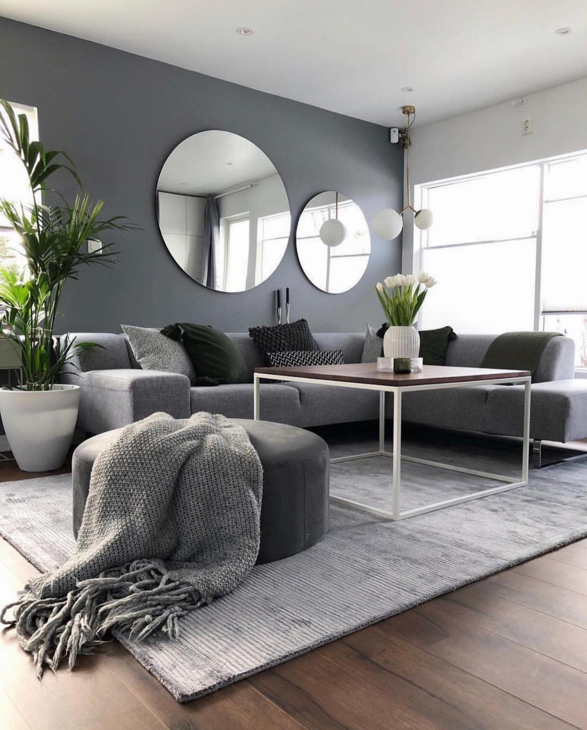Gray living room featuring a sofa with plush pillows and a knit throw blanket.