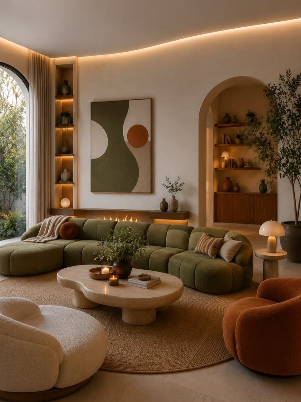 Curved deep green modular sofa in a minimalist living room with organic furniture.