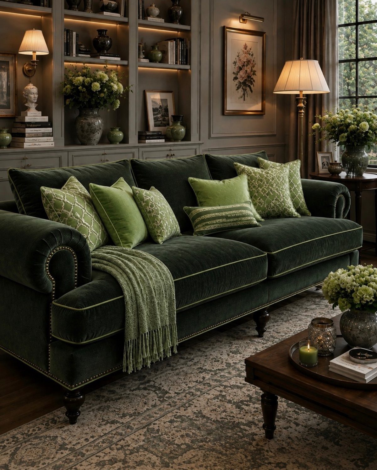 Dark green velvet sofa with a natural wood coffee table in a classic living room.