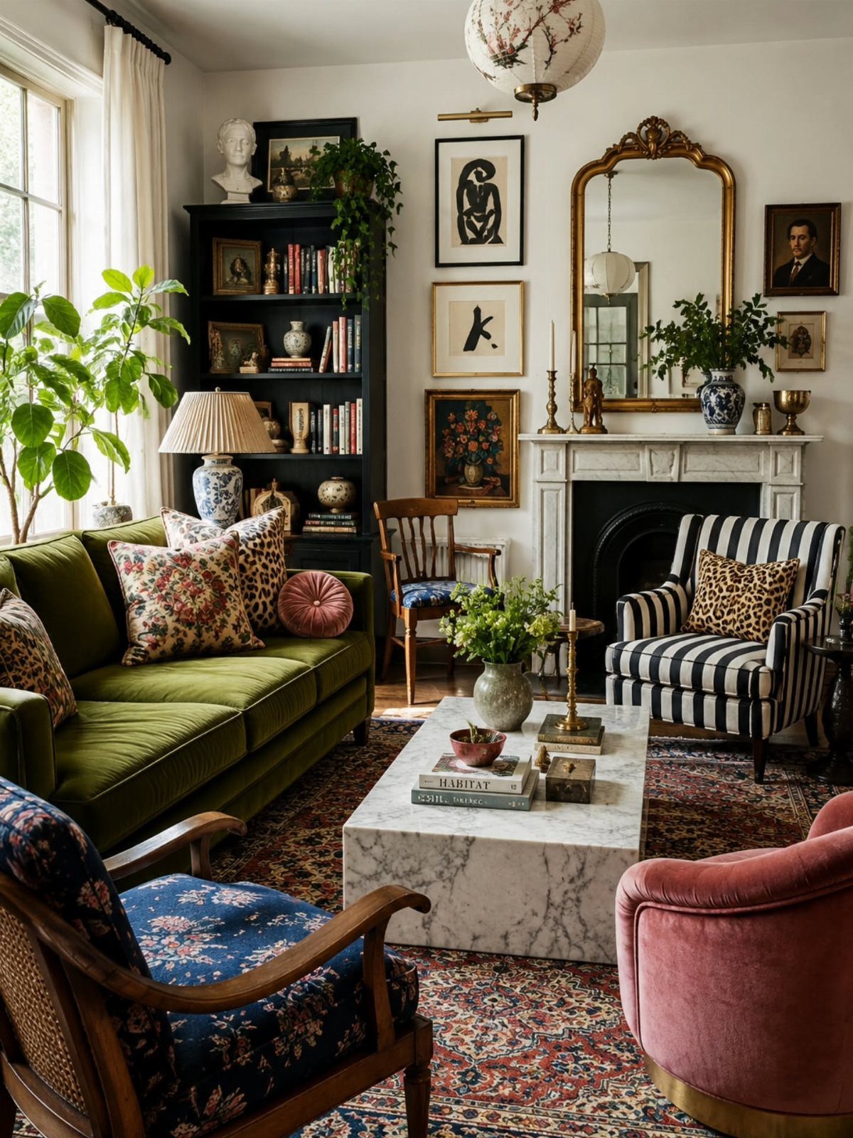 Olive green sofa in a maximalist living room with eclectic patterned furniture and art.