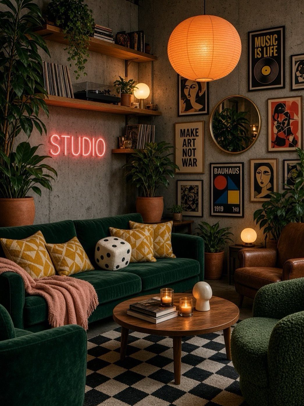 Dark green velvet sofa with pink throw and checkerboard rug in a modern room.