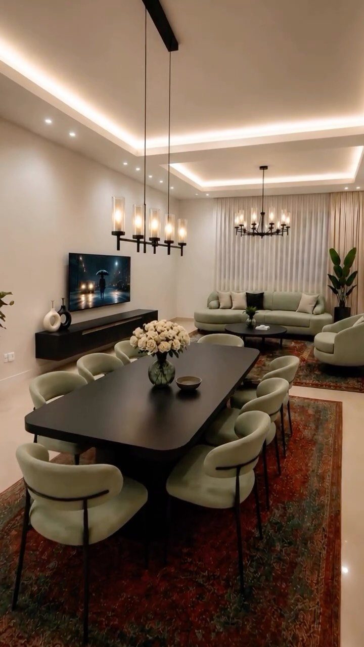 Light green sofa and dining chairs in a modern, neutral-toned open living space.