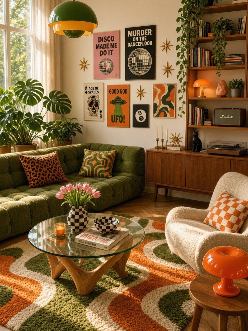 Green velvet sofa with patterned cushions and a wavy green and orange rug.