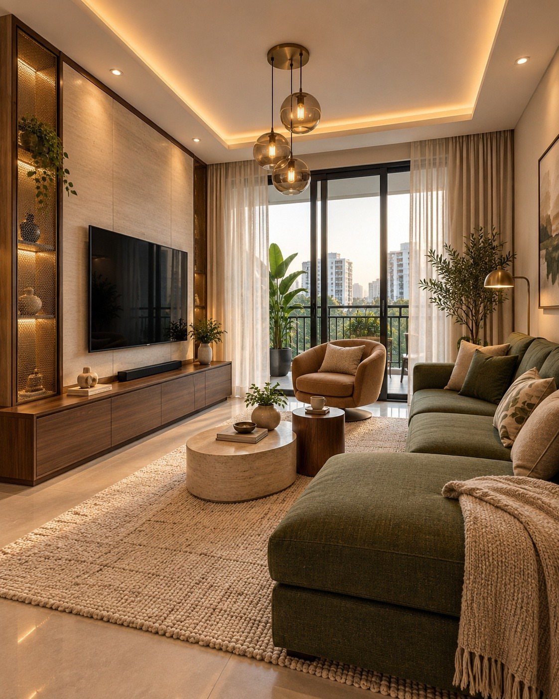 Olive green sectional sofa in a modern living room with warm lighting and plants.