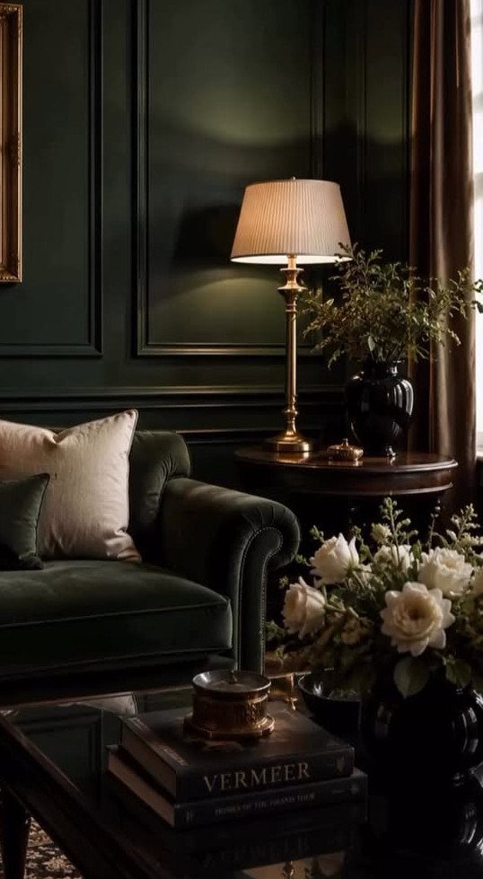 Dark green velvet sofa in a room with deep green paneled walls and lighting.