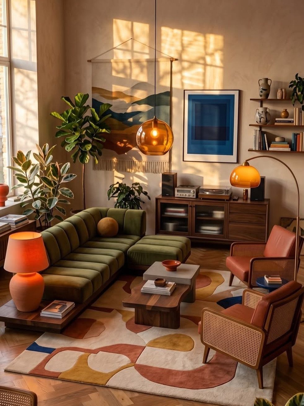 Green velvet sofa and leather chairs in a living room with warm orange lighting