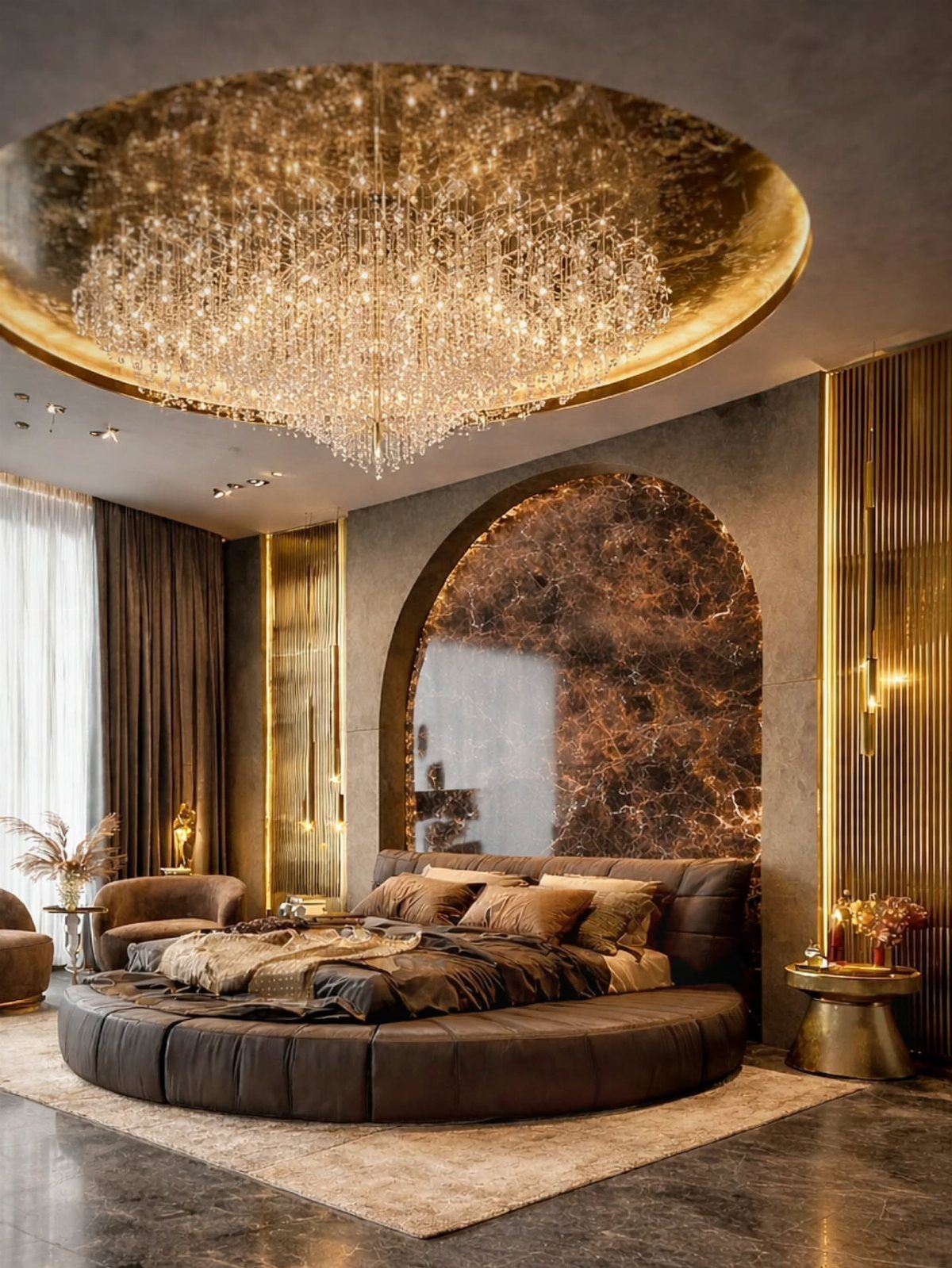 Circular brown leather bed in a luxury bedroom with a large crystal chandelier.