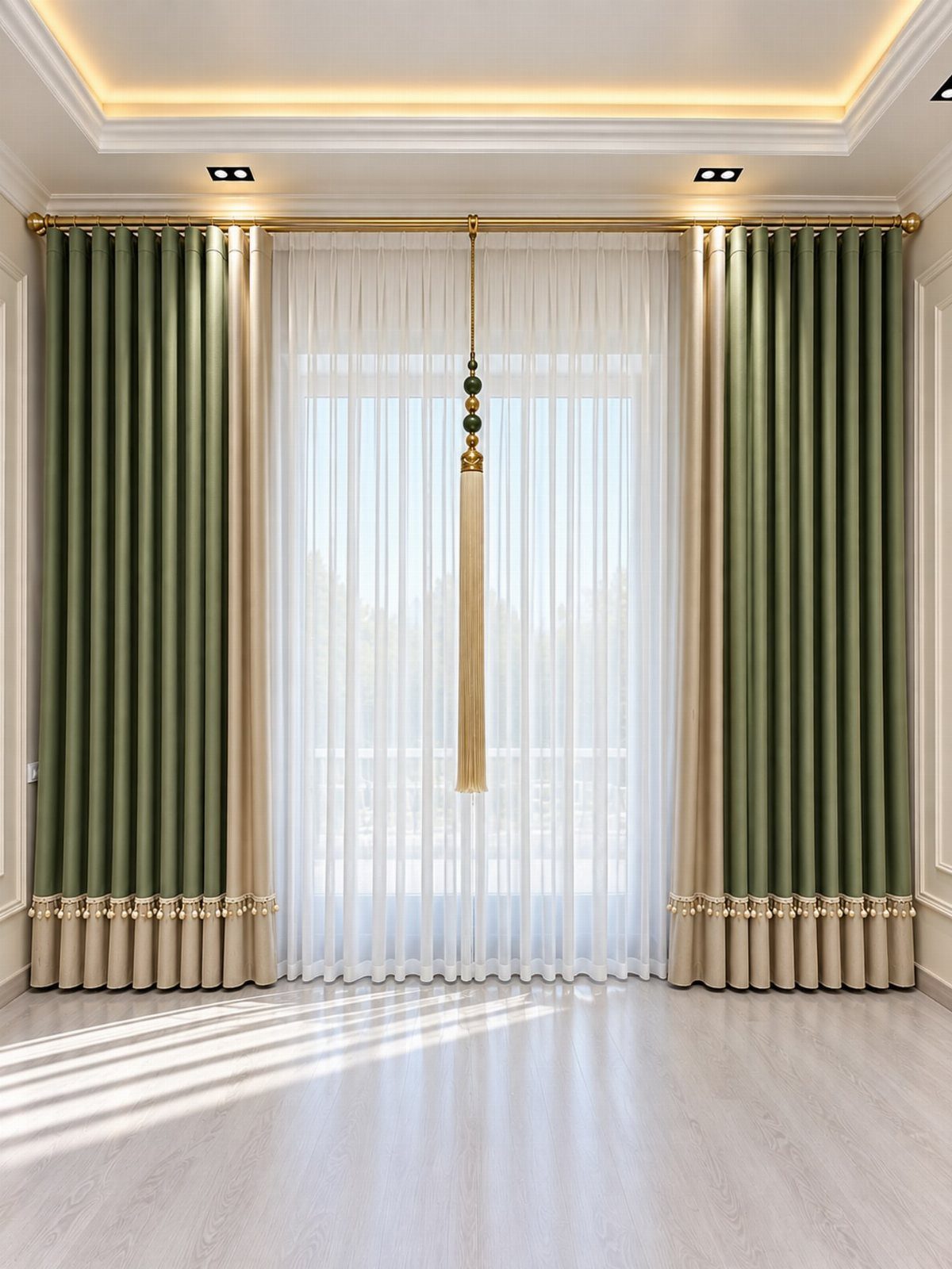 Green and beige curtains with a gold rod and tassel over sheer drapes.
