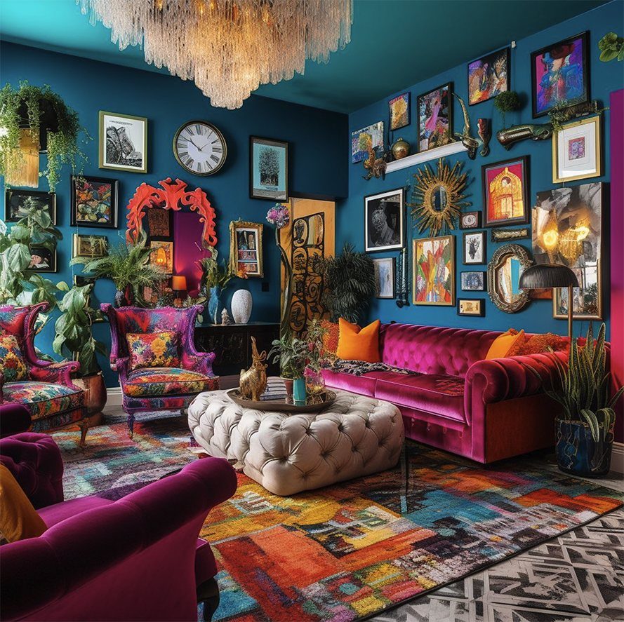 Maximalist living room with deep blue walls, pink velvet sofa, and colorful art.