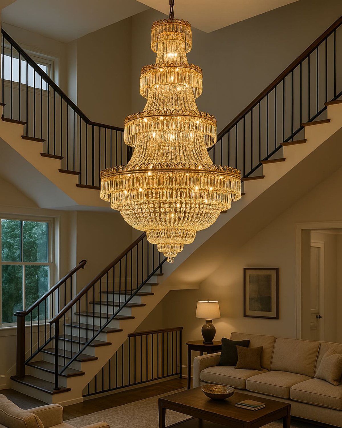 Large tiered crystal chandelier hanging over a living room with a neutral sofa.