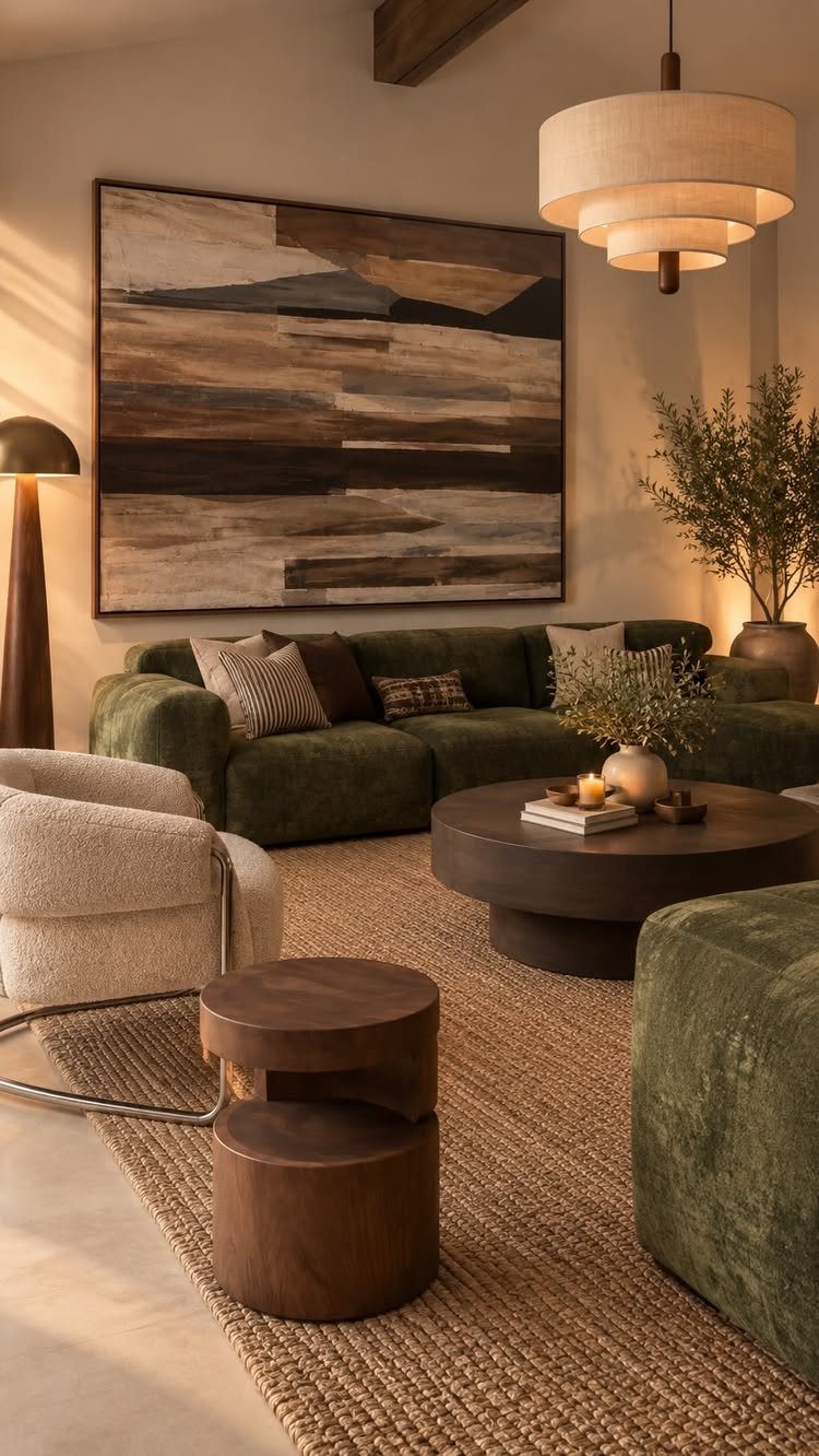 Green velvet sectional sofa and dark wood coffee table in a modern living room
