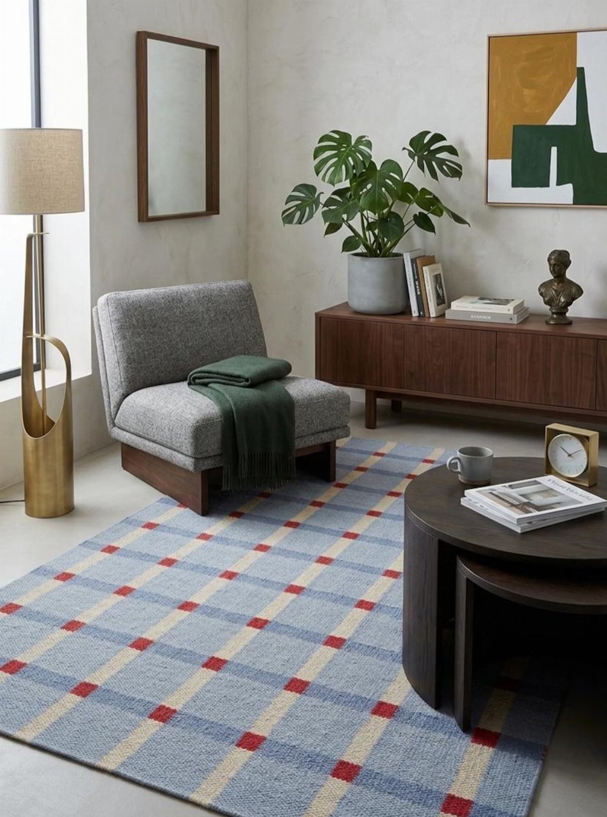 Blue and red plaid rug in a modern living room with grey armchair.