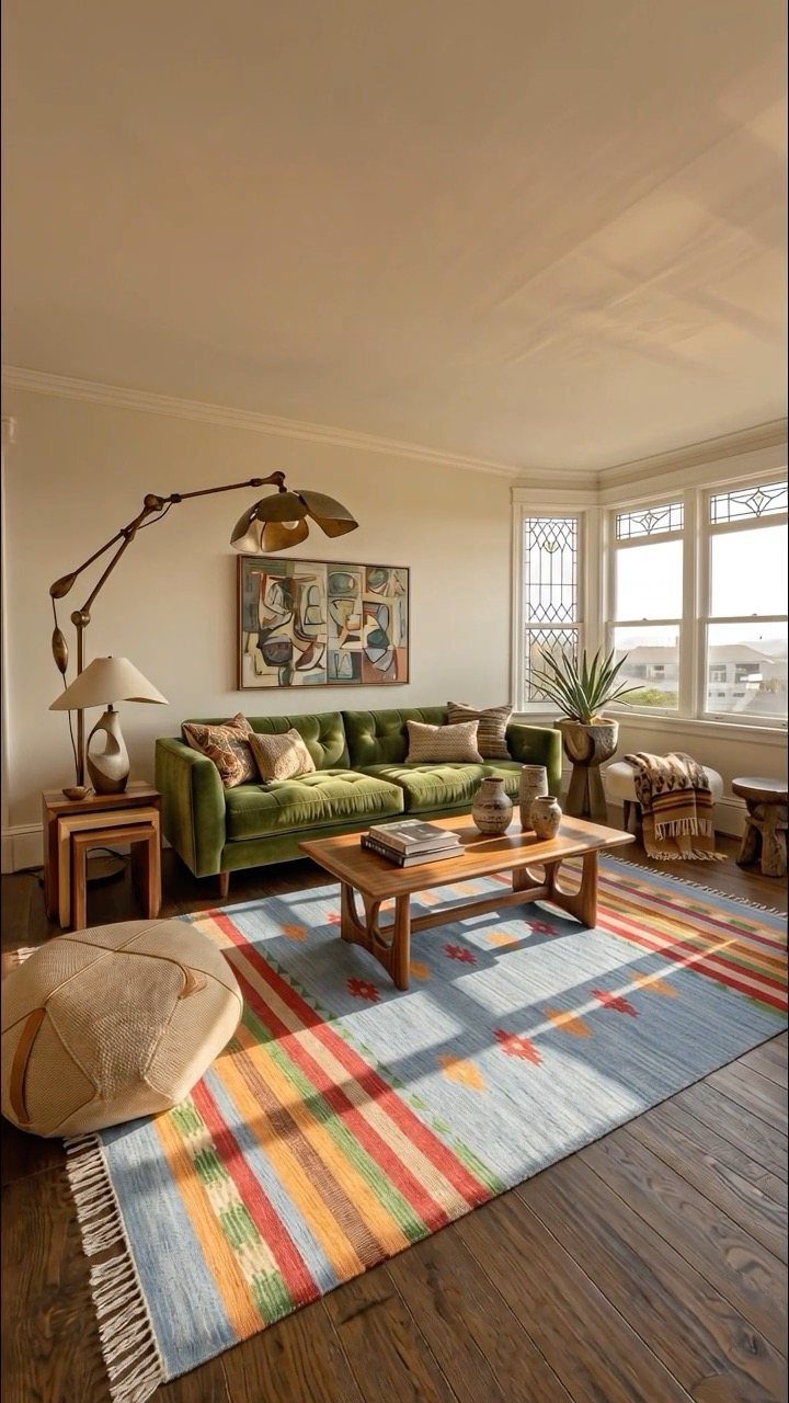Blue area rug with colorful stripes in a living room with green sofa.