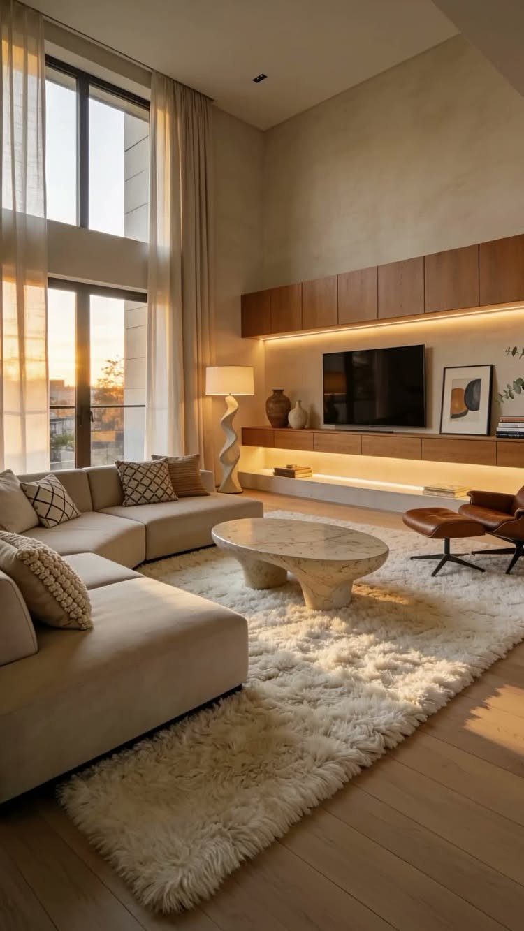 White shaggy textured rug in a modern living room with beige sectional sofa.