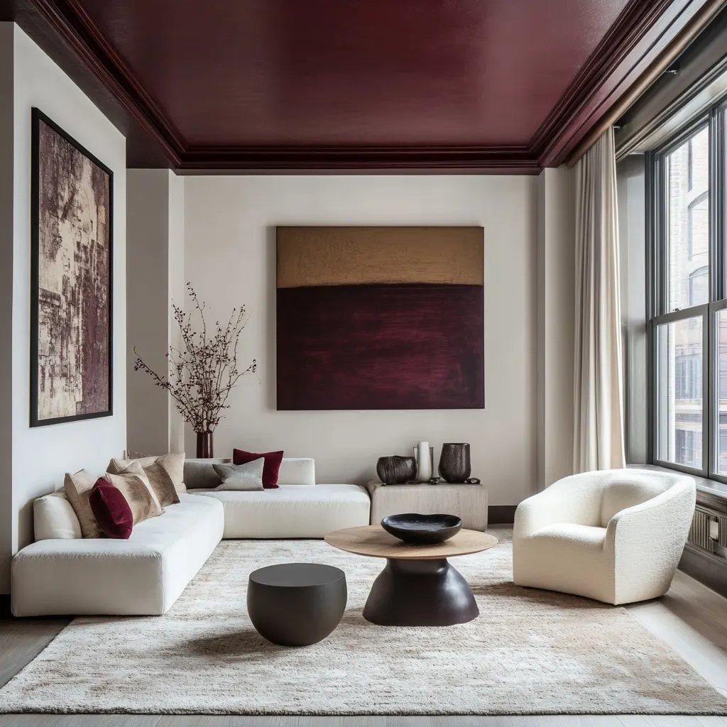 Deep burgundy ceiling contrasting with white walls in a modern living room setting.