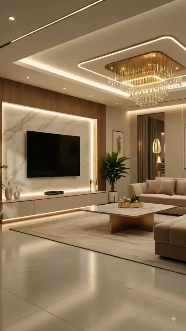 Modern living room with a multi-layered false ceiling and integrated LED strip lighting.