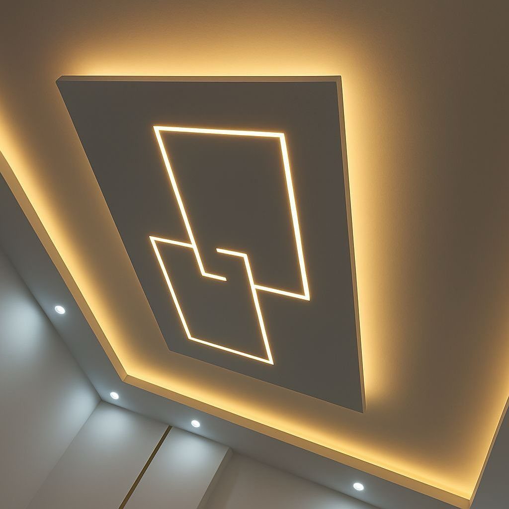 Modern ceiling with glowing geometric square patterns and warm yellow cove lighting.
