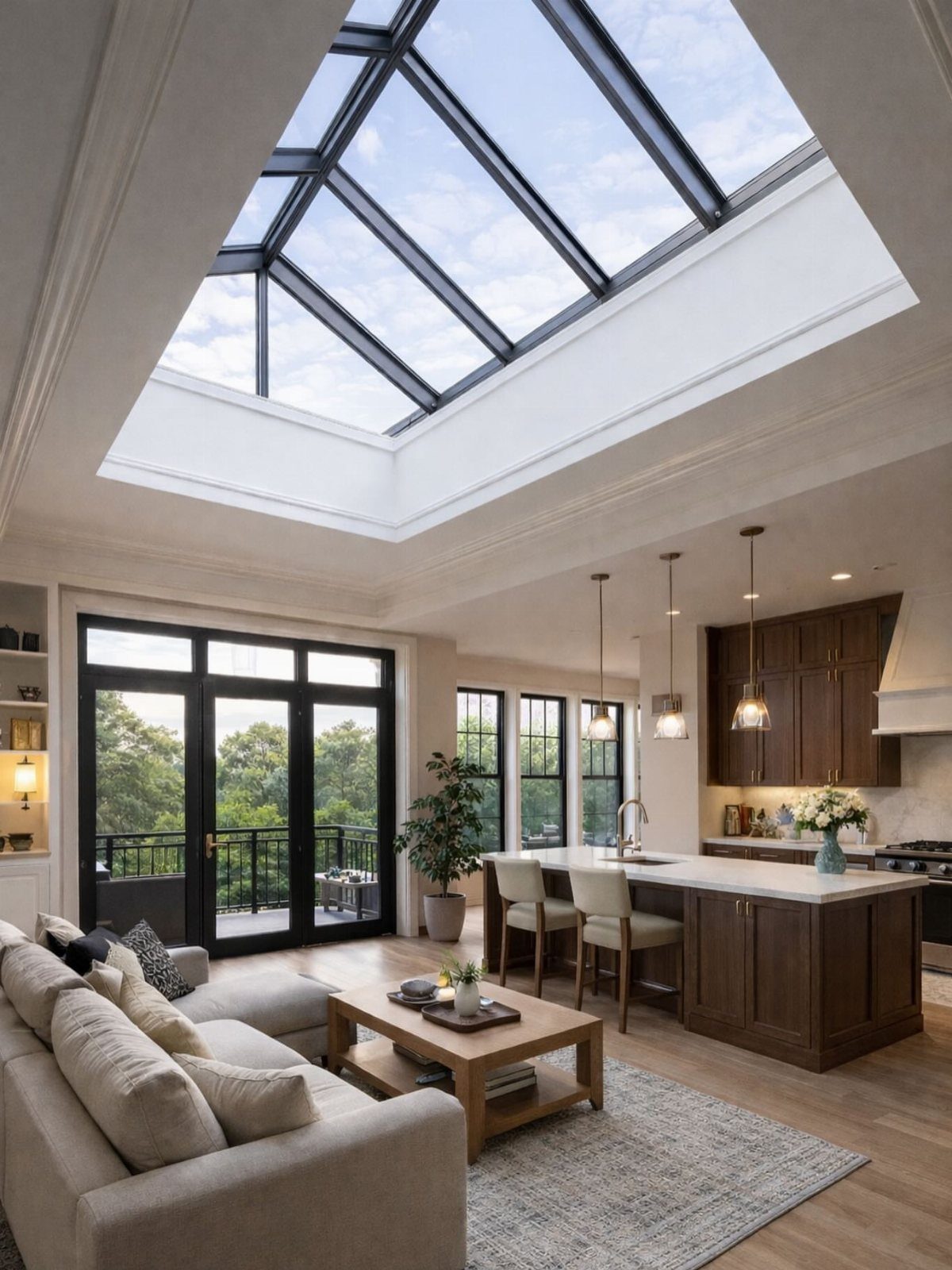 Large rectangular glass skylight illuminating a modern living room and kitchen area.