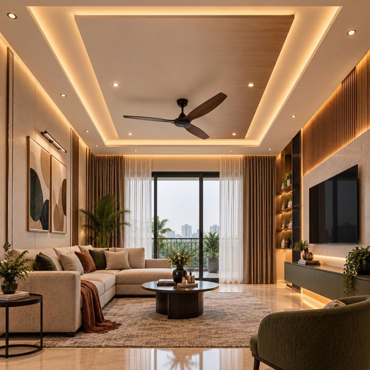 Recessed tray ceiling with warm cove lighting and a dark brown ceiling fan.