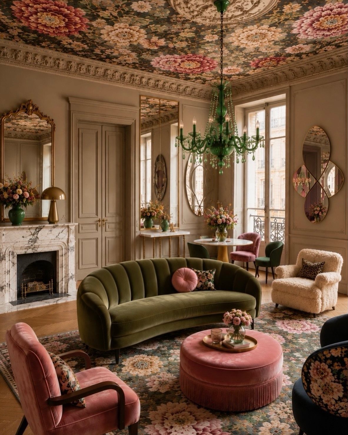 Floral wallpapered ceiling in a luxury living room with a green velvet sofa.