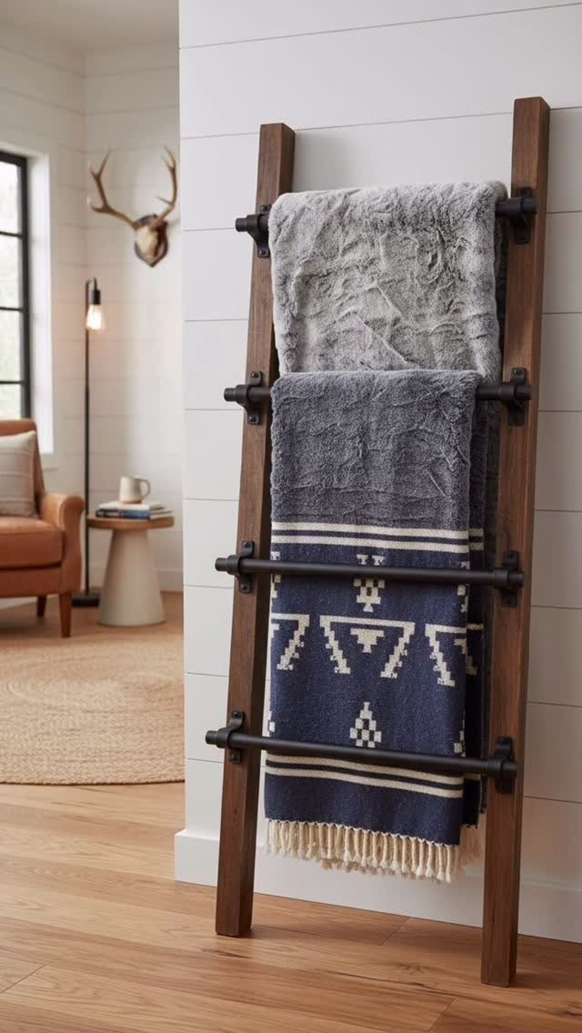 Wooden blanket ladder leaning against a white wall with folded grey and blue throws.