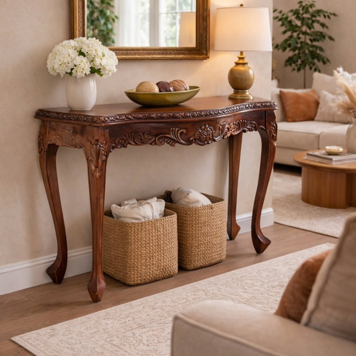 Ornate dark wood console table with a lamp, flowers, and woven storage baskets.