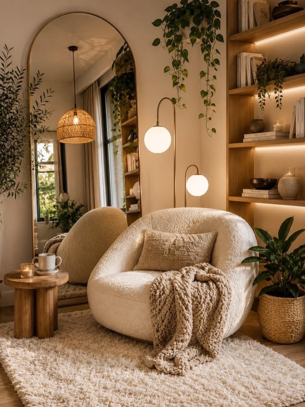 White bouclé accent chair with a knit throw in a cozy reading nook.