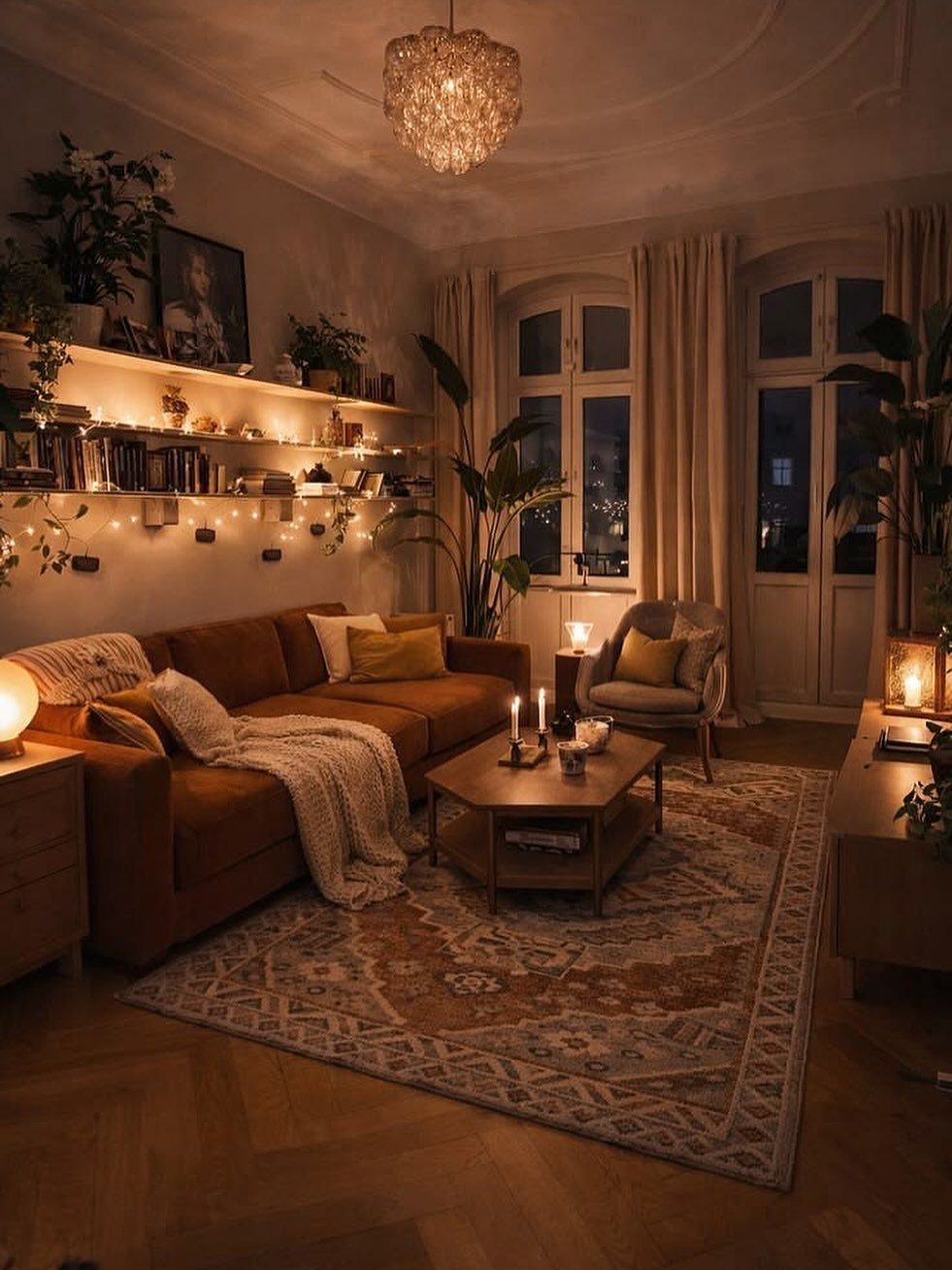 Living room with brown leather sofa and long floating shelves holding books and plants.