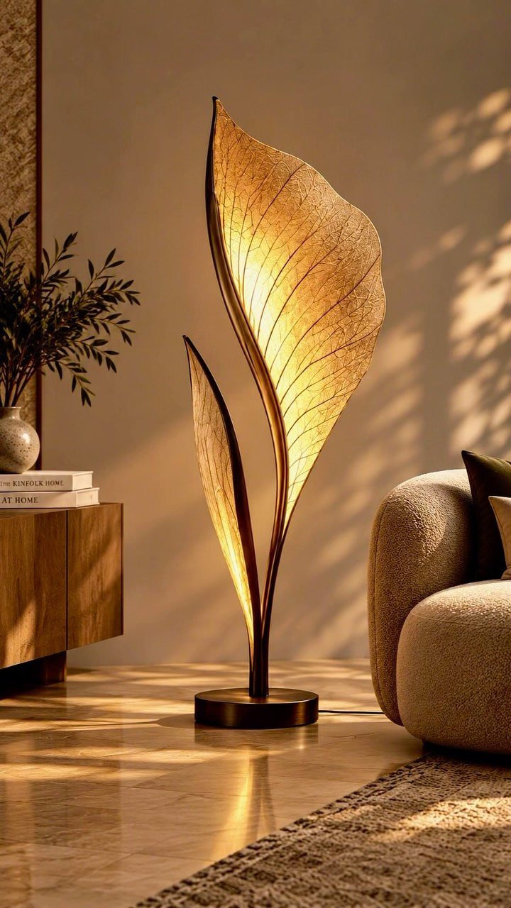 Leaf-shaped floor lamp emitting warm light in a modern living room corner