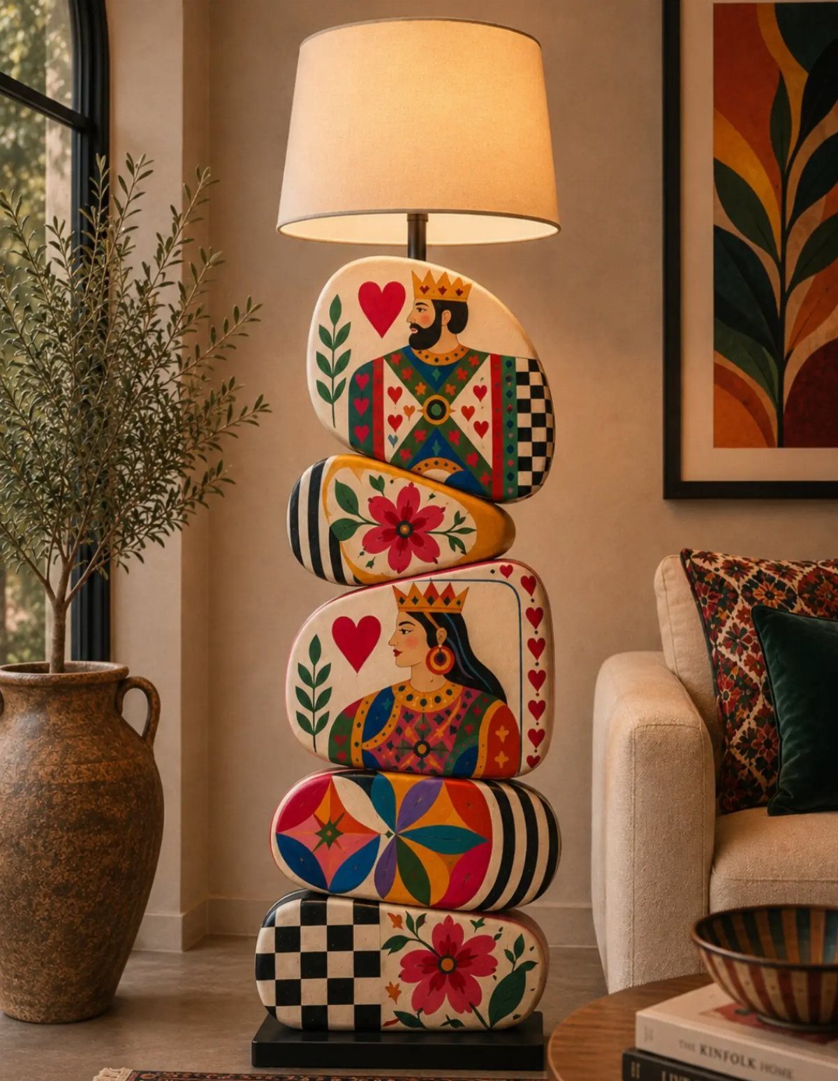Colorful stacked sculptural lamp with figures and flowers in a living room corner