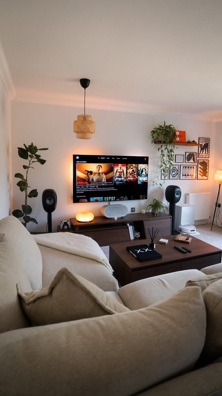 Living room with beige sofa, dark wood furniture, television, and tall indoor plant.